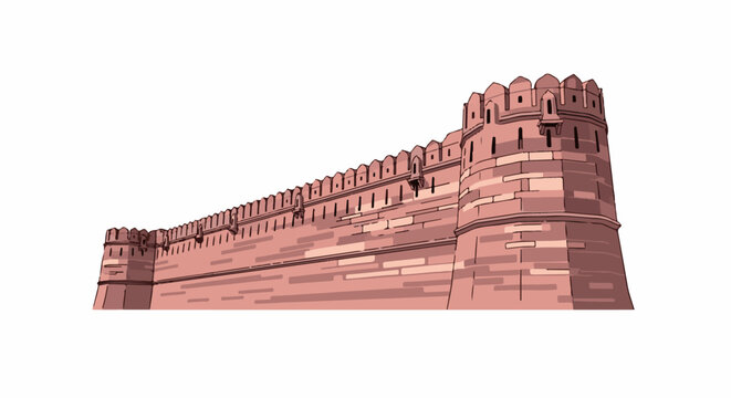 Red sandstone fort wall with crenellations and turrets, on white
