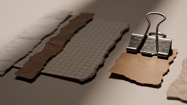 Close-up of textured ripped paper, including grid and brown kraft paper, with a binder clip. Ideal graphic resource for digital design, scrapbooking, mockups, and creative projects.