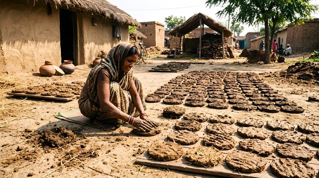 Dung cake in line with fields background at village atmospheric making process of dry in Sun shine making fuel for clay made stove buring fire traditional objects made by Indian women generated by AI
