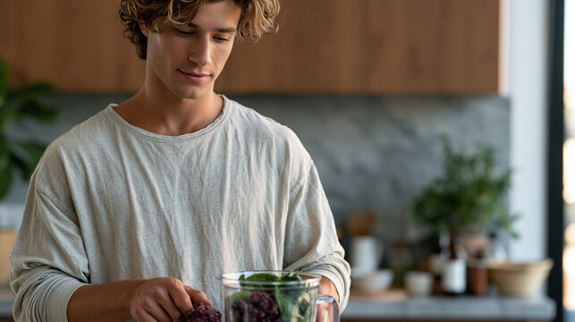Polyphenol rich smoothie preparation in modest apartment kitchen, young professional adding frozen acai, tart cherries, and spinach to blender, early morning routine before work commute, soft ambien