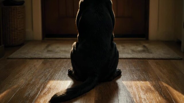 A black Labrador sits patiently facing a wooden front door, waiting for someone to come home.