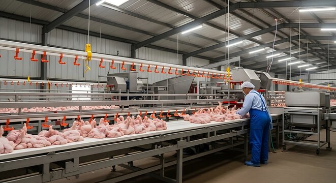 Industrial Poultry Processing Facility With Worker Inspecting Chickens.