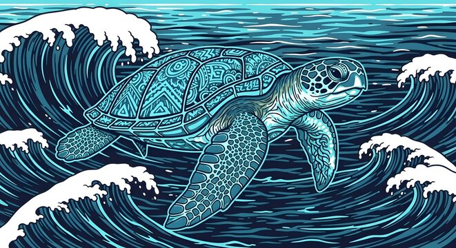 Sea Turtle Swims in Ocean Waves Tribal Design