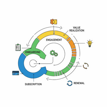 Customer Journey Map, Onboarding Process Flowchart, Subscription Engagement Cycle, Value Realization Diagram