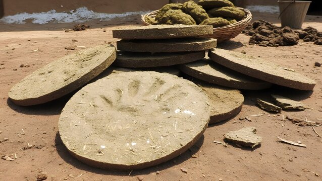 Dung cake in line with fields background at village atmospheric making process of dry in Sun shine making fuel for clay made stove buring fire traditional objects made by Indian women generated by AI