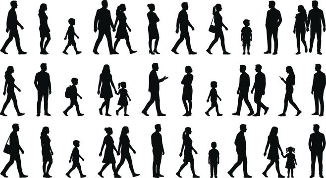 Collection of diverse human silhouettes showing adults and children walking, standing, and interacting isolated on white background for design use