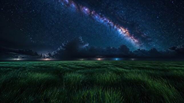 A panoramic vista of a luminous Milky Way galaxy stretching over a vast grassy field at the zenith of night, capturing the serene beauty of the cosmos above a dark and stormy prairie horizon landscape