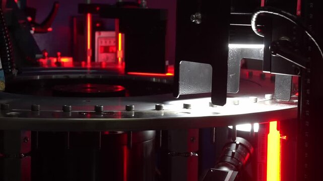 Automated quality control video of a mass production line checking socket head cap screw parts using a machine vision method.