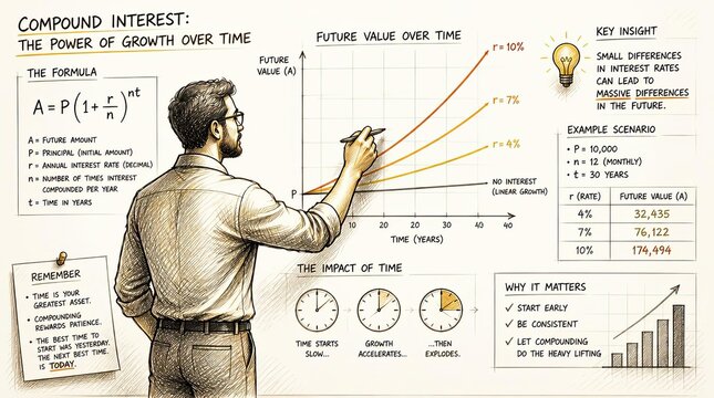 A detailed technical sketch visualizing complex compound interest slopes on a wide virtual whiteboard, illustrating financial growth projections, investment strategies, and mathematical calculations.