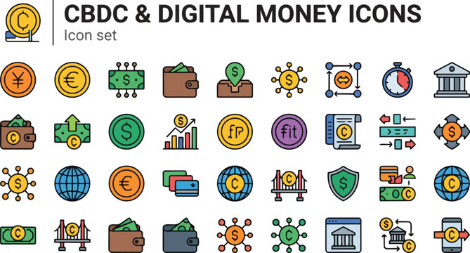 CBDC Digital Money Flat Color Icon Set Digital Yuan E-Euro Programmable Money Offline Wallet Earmark Policy Node Interoperability Expiry Central Bank Issuance 25 Icons Modern Flat Color Tech Finance
