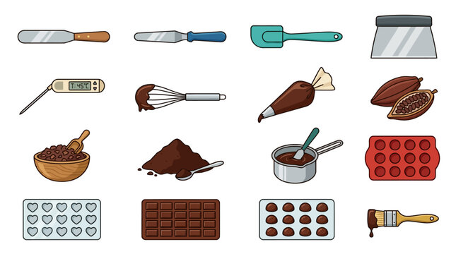 Chocolate baking tools and ingredients.