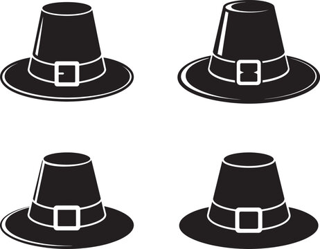 Black pilgrim hat silhouette collection for thanksgiving holiday design isolated on white.