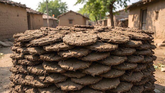 Dung cake in line with fields background at village atmospheric making process of dry in Sun shine making fuel for clay made stove buring fire traditional objects made by Indian women generated by AI