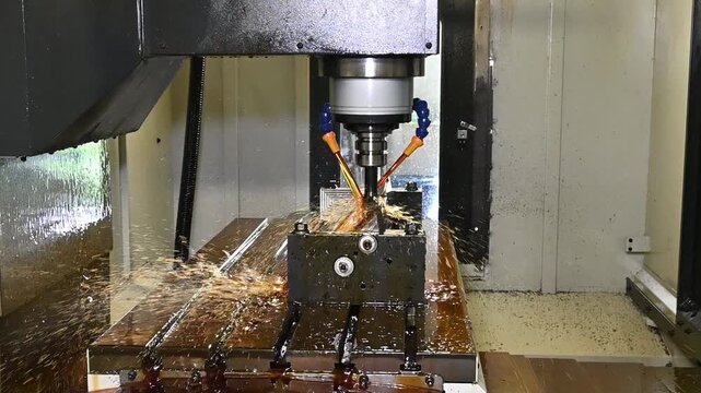 Slow motion video of a CNC milling machine rough cutting mold parts using an oil coolant method.