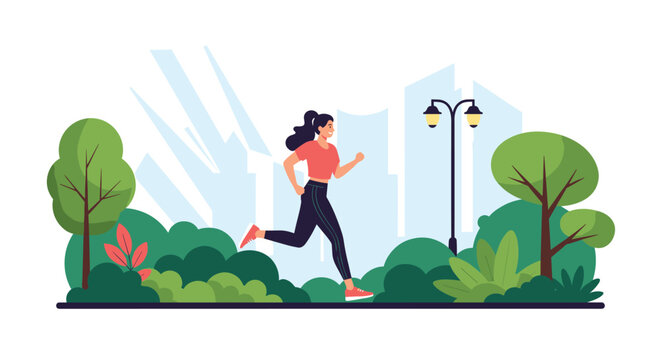 Young woman enjoys a morning run in a beautiful city park with lush green trees and skyscrapers in the background.