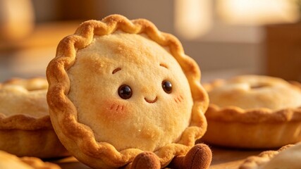 Fototapeta premium Cute Homemade Pie Mascot in Cozy Rustic Kitchen Scene