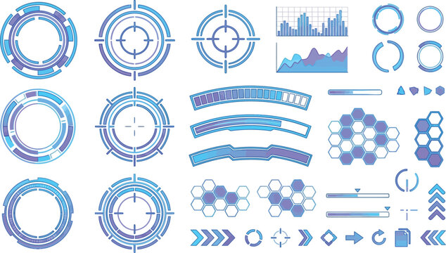 A comprehensive set of futuristic blue and purple UI elements, including target reticles, loading bars, data graphs, and abstract digital patterns for technology interfaces.