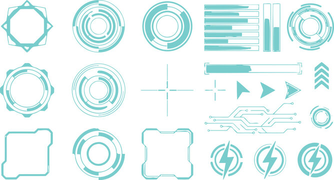 A collection of futuristic user interface elements, HUD graphics, and technological design components in teal and white.