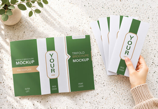 Minimal Green Trifold Brochure Mockup with Hand, Plant and Terrazzo Background