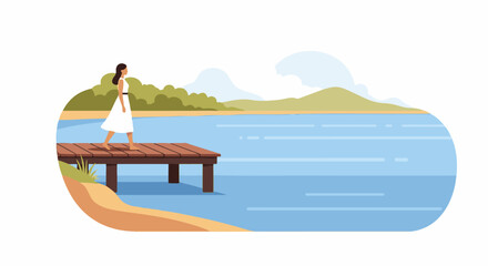 Obraz premium Woman in white dress walks on wooden pier by tranquil lake, serene landscape