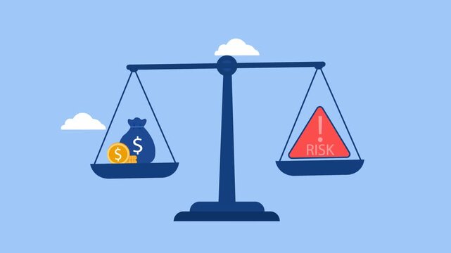 Business Risk And Financial Balance Concept Animation. Scale Comparing Money Profit And Warning Risk Symbol. Minimal Flat Design  On Cloud  Blue Background. Copy Space