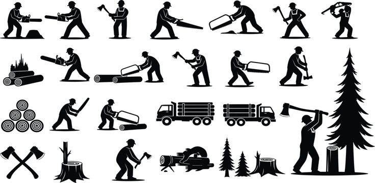 Lumberjack Silhouette Icon Set Featuring Woodcutters Using Axes Saws and Chainsaws for Forestry Logging Timber Industry and Outdoor Woodwork Graphic Designs