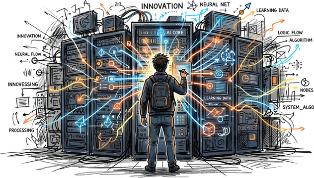 Engineer programming complex deep learning server, illustrating advanced data architecture, vector illustration.