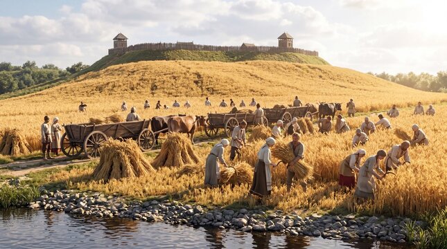 Golden fields of wheat stretch under a bright sky as villagers harvest crops with joyful teamwork. Horses pull carts, adding to the bustling activity near the tranquil riverbank.