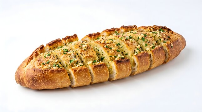 cheesy garlic bread loaf isolated on white background, homemade garlic cheese bread isolated on white, baked garlic bread with herbs and melted cheese, crispy garlic bread slices