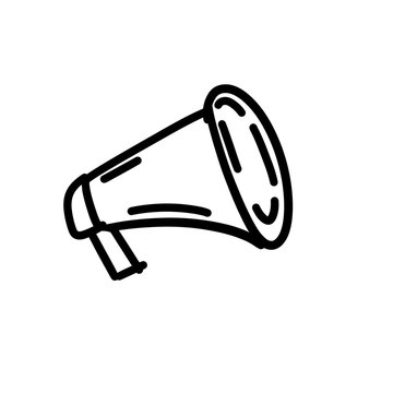 A simple black and white hand-drawn outline illustration of a megaphone, a device used for amplifying sound.