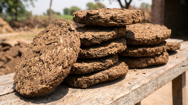 Dung cake in line with fields background at village atmospheric making process of dry in Sun shine making fuel for clay made stove buring fire traditional objects made by Indian women generated by AI