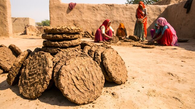 Dung cake in line with fields background at village atmospheric making process of dry in Sun shine making fuel for clay made stove buring fire traditional objects made by Indian women generated by AI
