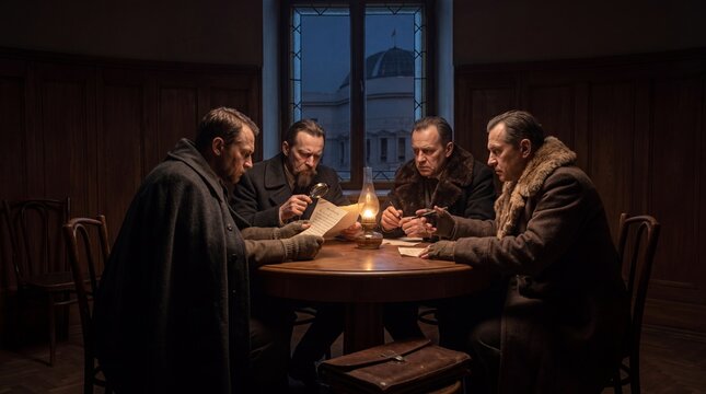 Under the warm glow of a candle, four men gather around a wooden table. Shadows dance on the walls as they examine documents, lost in serious conversation and deep contemplation.