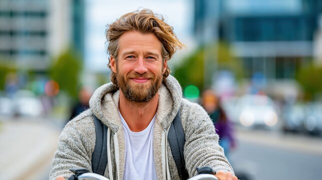 A cheerful man rides a bike through a vibrant urban landscape, highlighting a healthy lifestyle and promoting outdoor activities as a joyful part of city living.