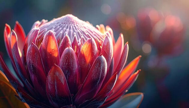 Close-up of a vibrant Protea flower with soft bokeh background.