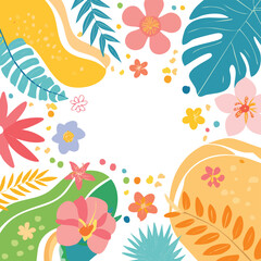 Obraz premium Abstract tropical floral border with leaves and flowers hand drawn flat design tropical abstract colorful background