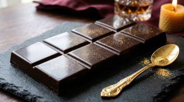 Close up of dark chocolate bar with gold dust and spoon on dark surface