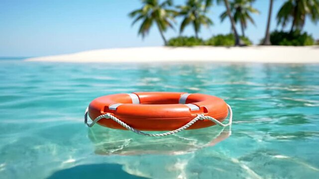 Bright orange life preserver floating on clear turquoise water near a tropical beach on a sunny day