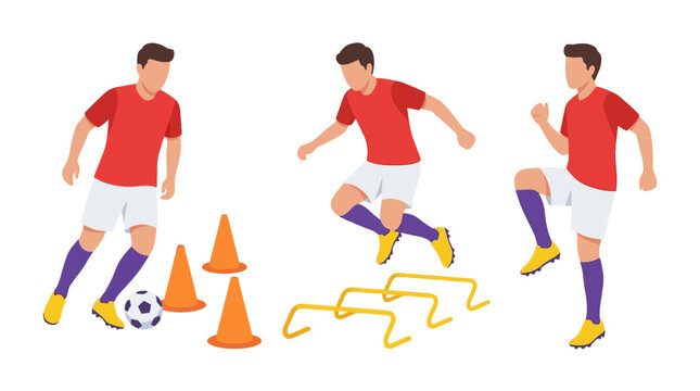 Soccer player training with cones and hurdles, performing agility drills and exercises for improved performance.