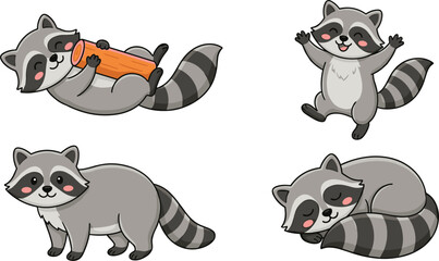 Cute Raccoon Character Vector Set with Sleeping, Playing, Standing, and Cheerful Poses for Kids Illustration, Animal Stickers, and Storybook Designs © MdSaddam