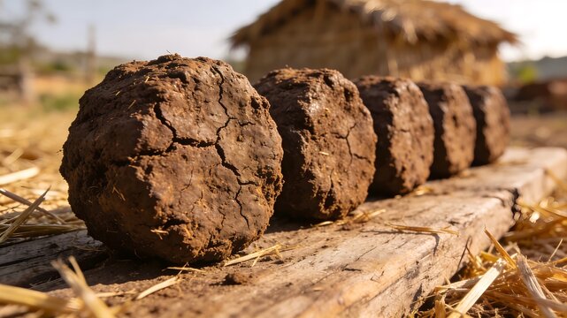Dung cake in line with fields background at village atmospheric making process of dry in Sun shine making fuel for clay made stove buring fire traditional objects made by Indian women generated by AI