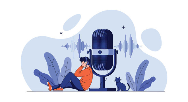 Individual sits on the floor with headphones, leaning against a giant professional microphone while a cat sits nearby.