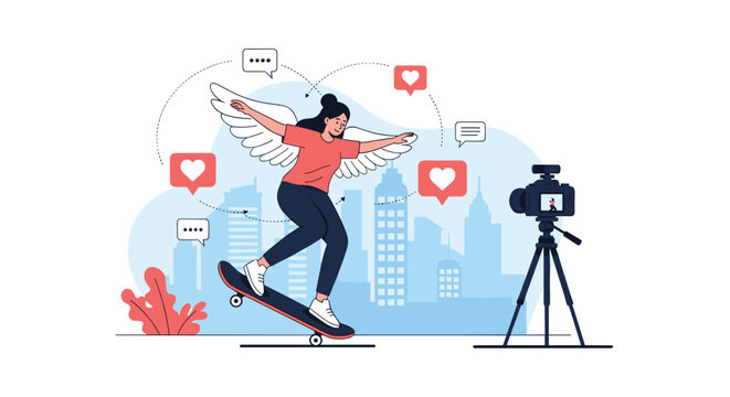 Creative content creator riding a skateboard with angel wings while being filmed by a professional camera for social media platforms.