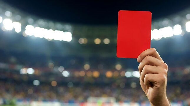 A hand holds up a red card in a brightly lit stadium during a sporting event, symbolizing a penalty or expulsion.