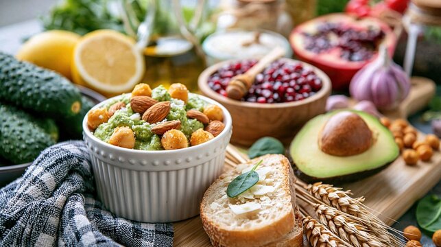A vibrant display of fresh vegetables, fruits, and dips showcases a healthy lifestyle, emphasizing natural foods and culinary creativity in an artistic arrangement.