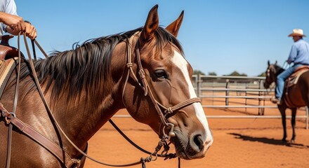 Fototapeta premium Close Up of Brown Horse with White Blaze and Cowboy Riding Another Horse