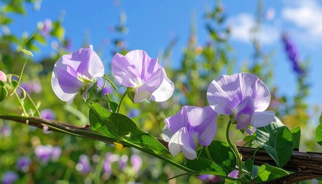 Delicate Purple Sweet Pea Flowers Blooming in Spring Sunlight.