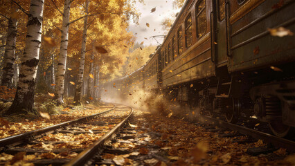 Fototapeta premium Autumn Train Journey: A nostalgic train journey unfolds amidst a vibrant autumn landscape, with golden leaves falling and swirling around the tracks, creating a picturesque and evocative scene.