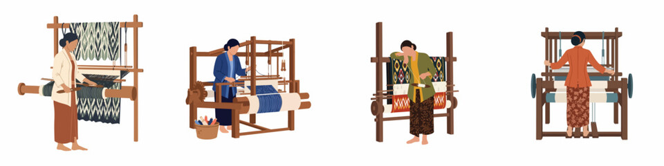 Obraz premium Vector illustration set of Indonesian women weaving traditional ikat textiles using manual handlooms isolated on a white background representing cultural heritage and craftsmanship.