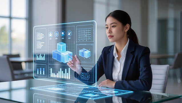 businesswoman touching virtual screen